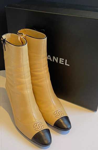 CHANEL High Ankle Boots Calfskin Beige & Black CC 