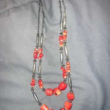 Genuine Red Coral & Sterling Silver Necklace, Vin… - image 1