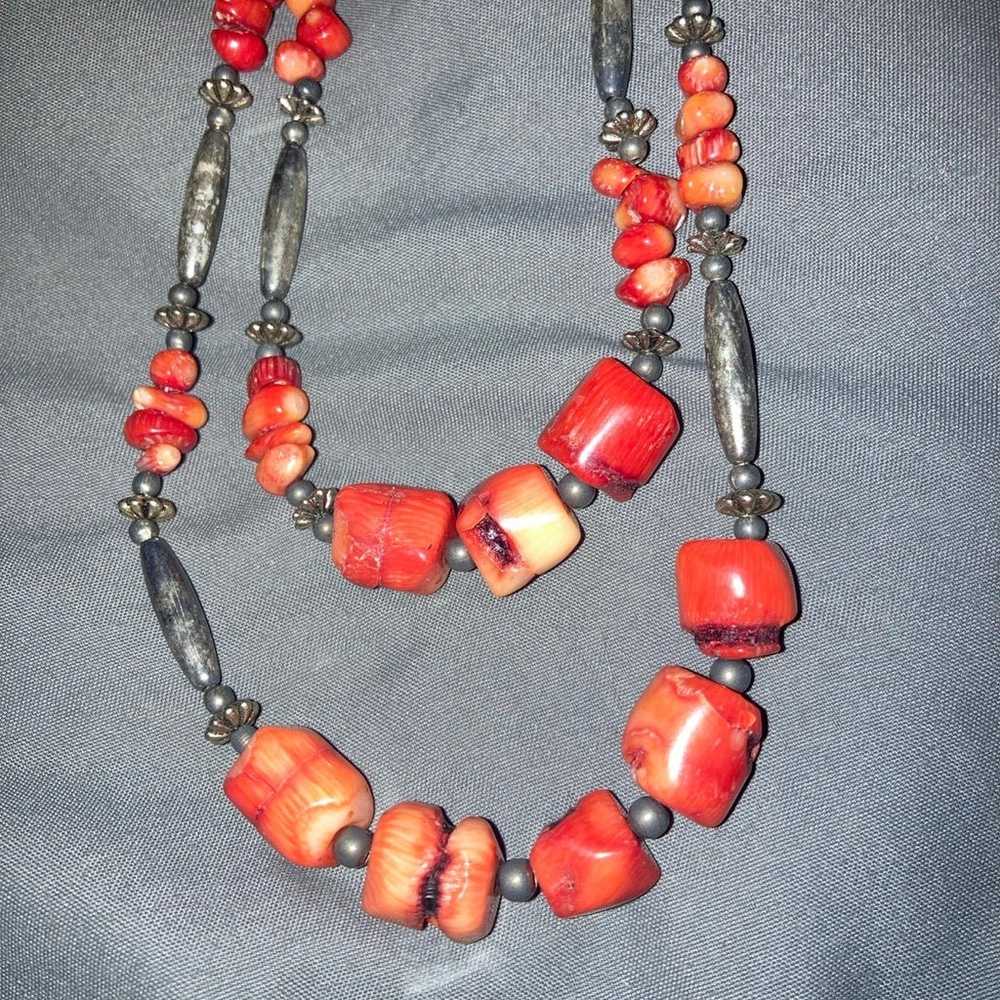 Genuine Red Coral & Sterling Silver Necklace, Vin… - image 2