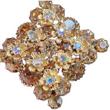 Light Brown Glass Rhinestone Metal Flower Brooch - image 1
