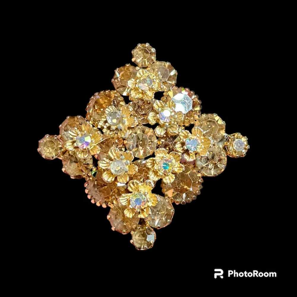 Light Brown Glass Rhinestone Metal Flower Brooch - image 2