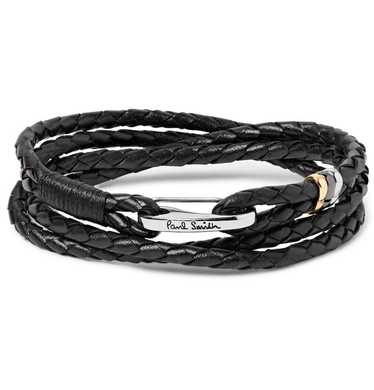 Paul Smith Woven Leather Wrap Black Bracelet Silve