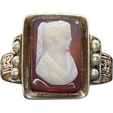 14k Victorian Seed Pearl Cameo Ring