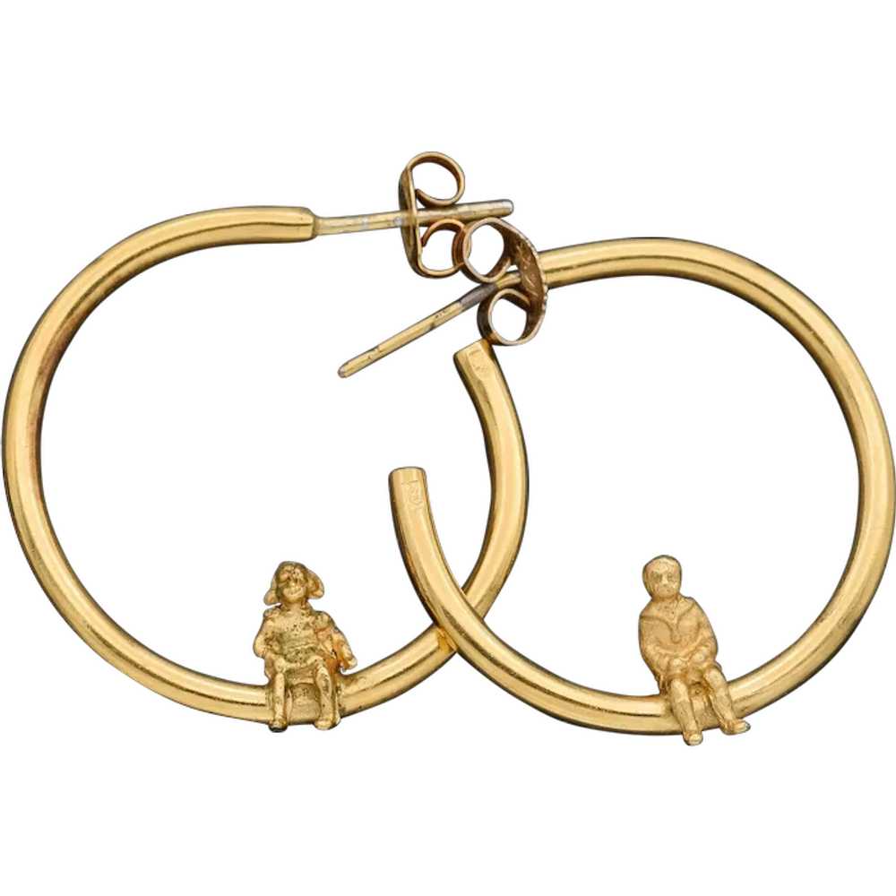 Estate French 18K Yellow Gold Boy and Girl Hoop E… - image 1