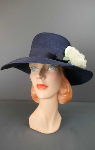 Vintage Dark Blue Wide Brim Hat, Straw with Big Fl