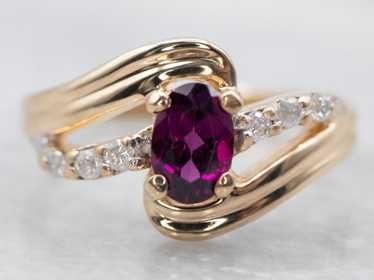 Yellow Gold Rhodolite Garnet Bypass Ring with Dia… - image 1