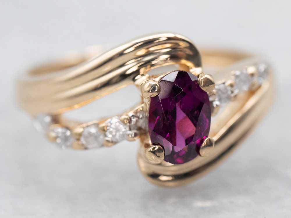 Yellow Gold Rhodolite Garnet Bypass Ring with Dia… - image 2