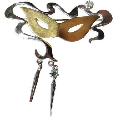 Vintage Artisan Mardi Gras Brass Mask Pin - Ruby Lane