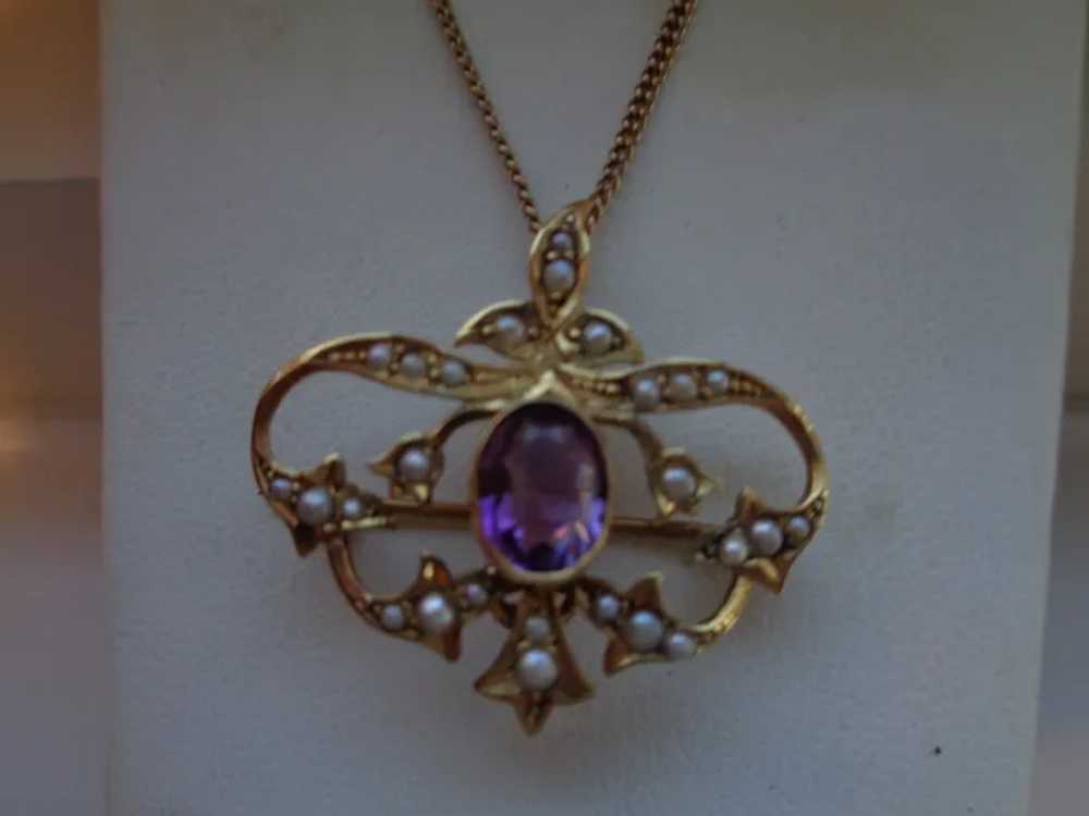 Pin/Pendant in 14K Gold w/ Amethyst and Seed Pear… - image 5