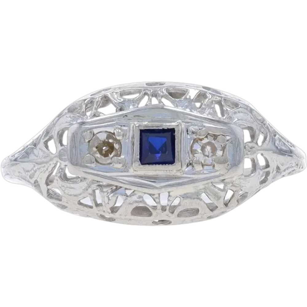 White Gold Lab-Created Sapphire Diamond Art Deco … - image 1