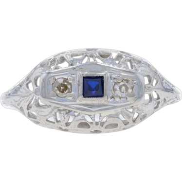 White Gold Lab-Created Sapphire Diamond Art Deco … - image 1