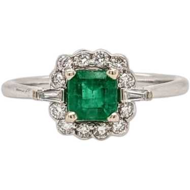 Zambian Emerald w Diamond Halo and Tapered Baguet… - image 1