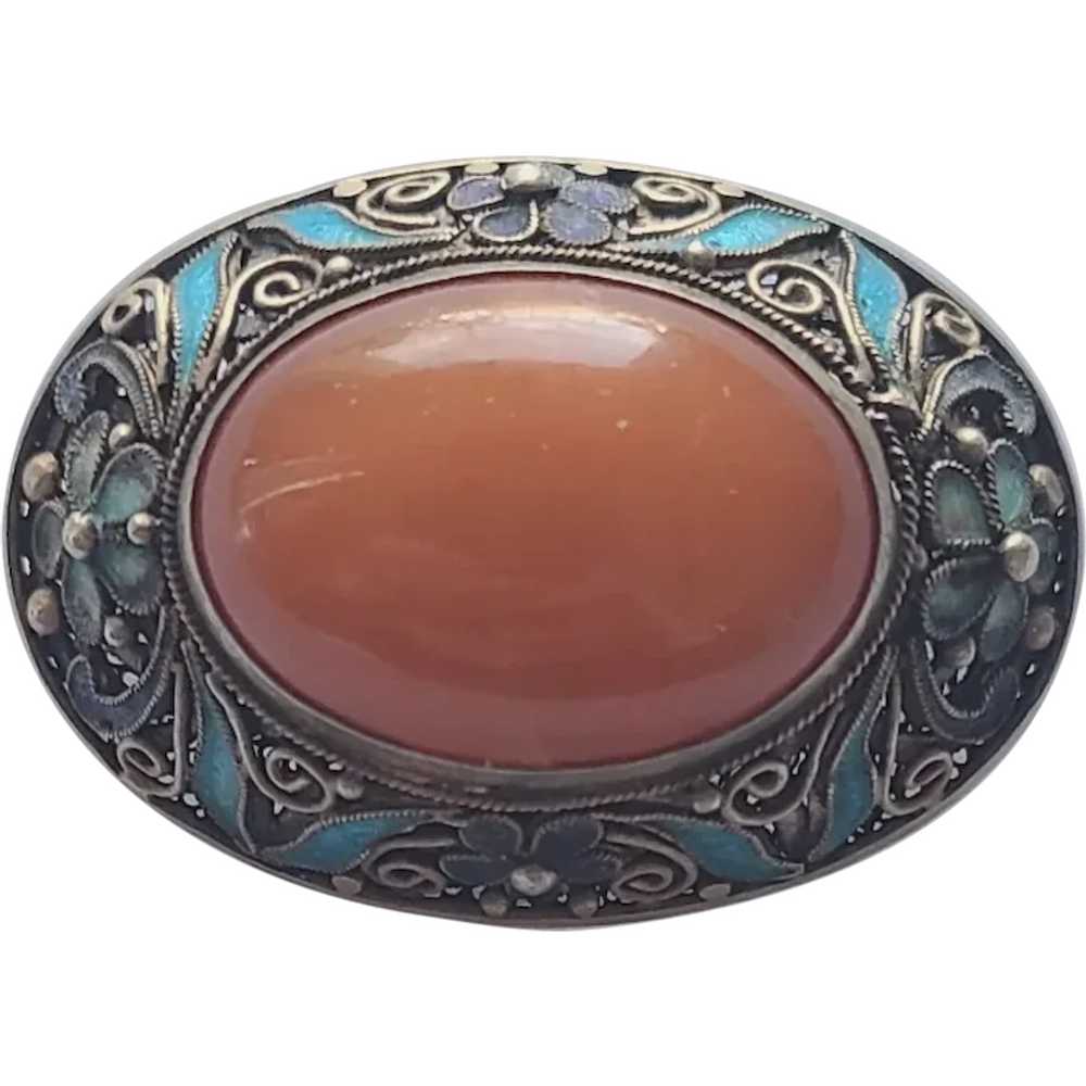 Vintage China Enamel Asian Silver Amber Brooch Pi… - image 1