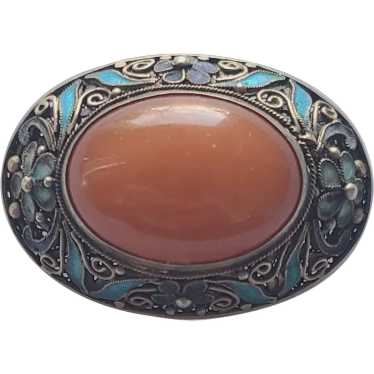 Vintage China Enamel Asian Silver Amber Brooch Pi… - image 1