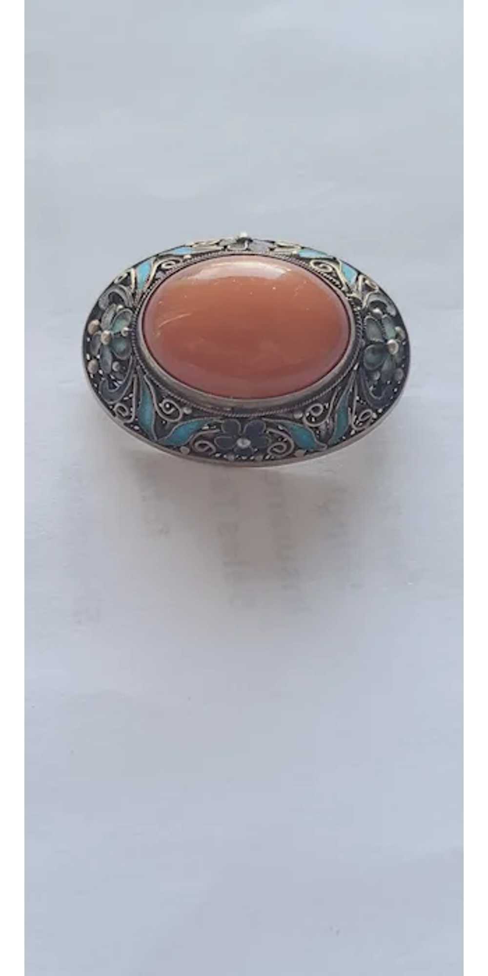 Vintage China Enamel Asian Silver Amber Brooch Pi… - image 3