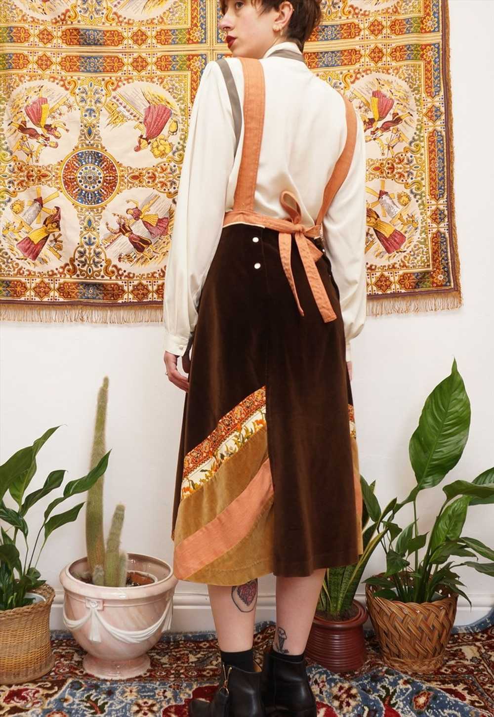 Vintage 70s Velvet and Denim Pinafore Dress Brown… - image 4