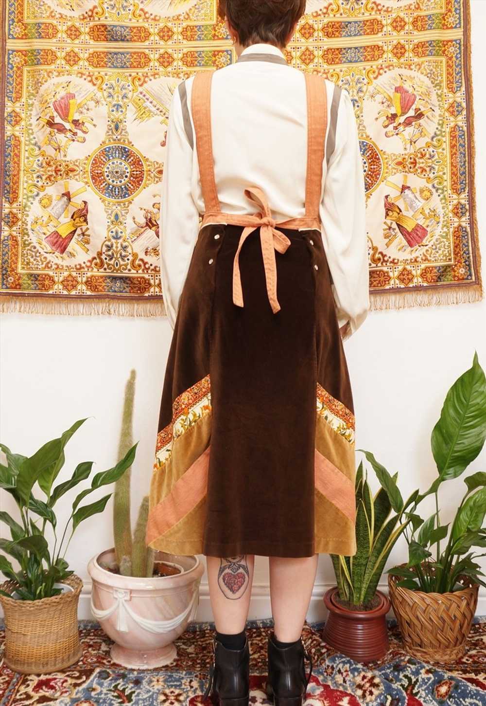 Vintage 70s Velvet and Denim Pinafore Dress Brown… - image 5