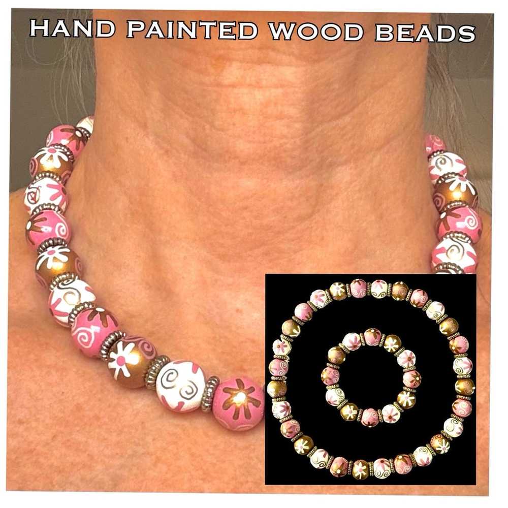 Hand Painted Floral Wood Beaded Necklace & Bracel… - image 1