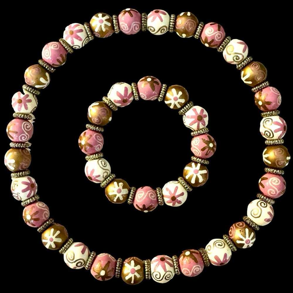Hand Painted Floral Wood Beaded Necklace & Bracel… - image 2
