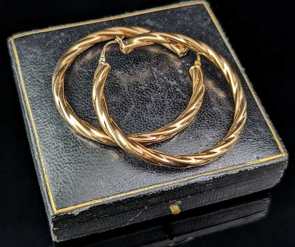 Vintage 9k gold twist hoop earrings, large size h… - image 10