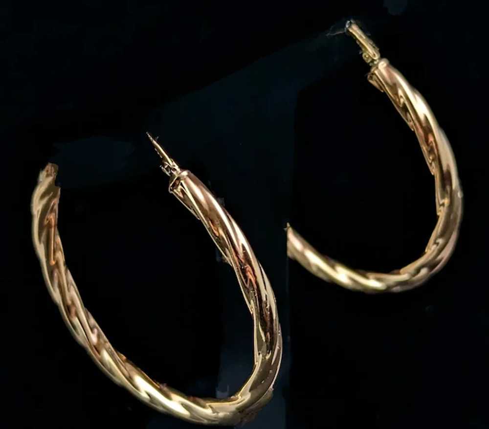 Vintage 9k gold twist hoop earrings, large size h… - image 7