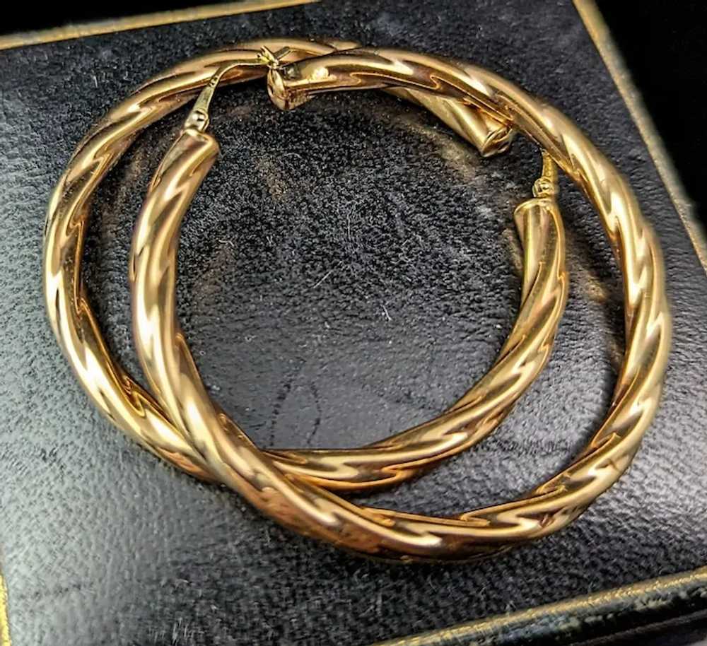 Vintage 9k gold twist hoop earrings, large size h… - image 8