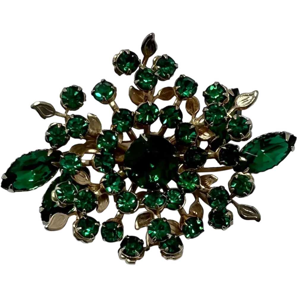 Vintage Brooch Emerald Green Rhinestones - image 1