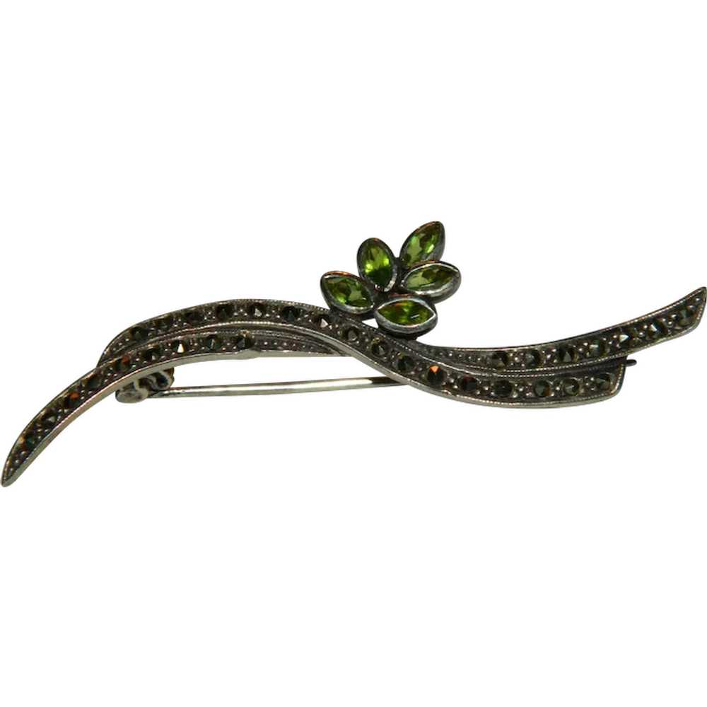 Sterling Silver Marcasite and Rhinestone Brooch - image 1