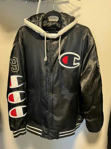 Hooded satin varsity outlet jacket