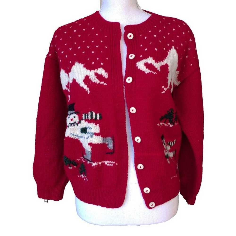 Vintage 60s Red Snowman Motif Knit Cardigan Sweat… - image 2