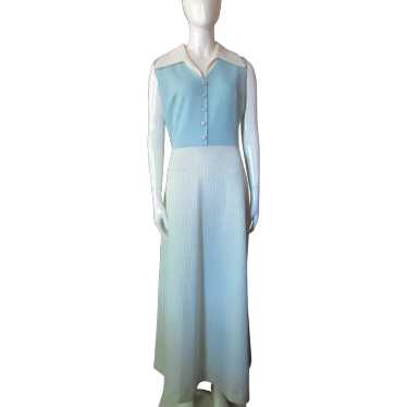 1970 Era Long Polyester Dress Summer Style Blue &… - image 1