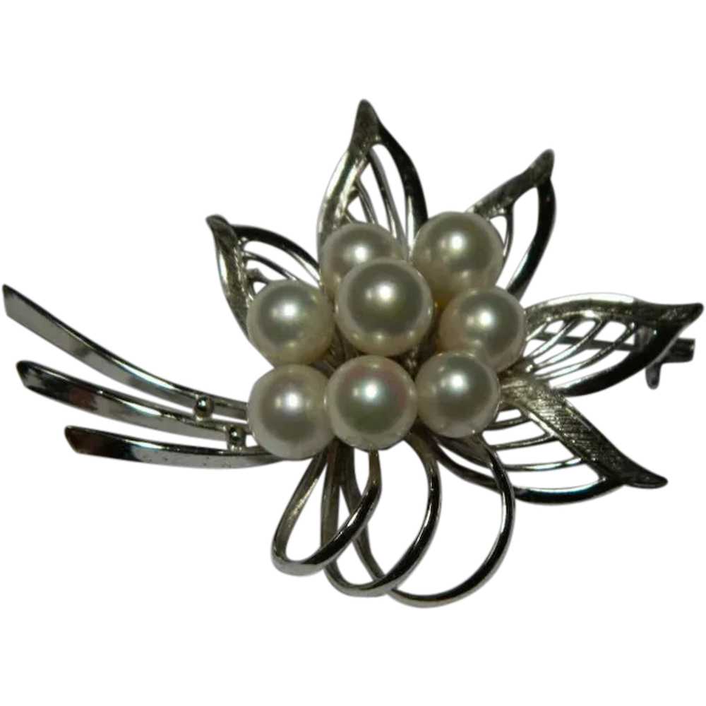 Vintage Faux Pearl Sterling Floral Brooch - image 1