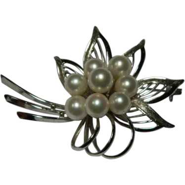 Vintage Faux Pearl Sterling Floral Brooch - image 1