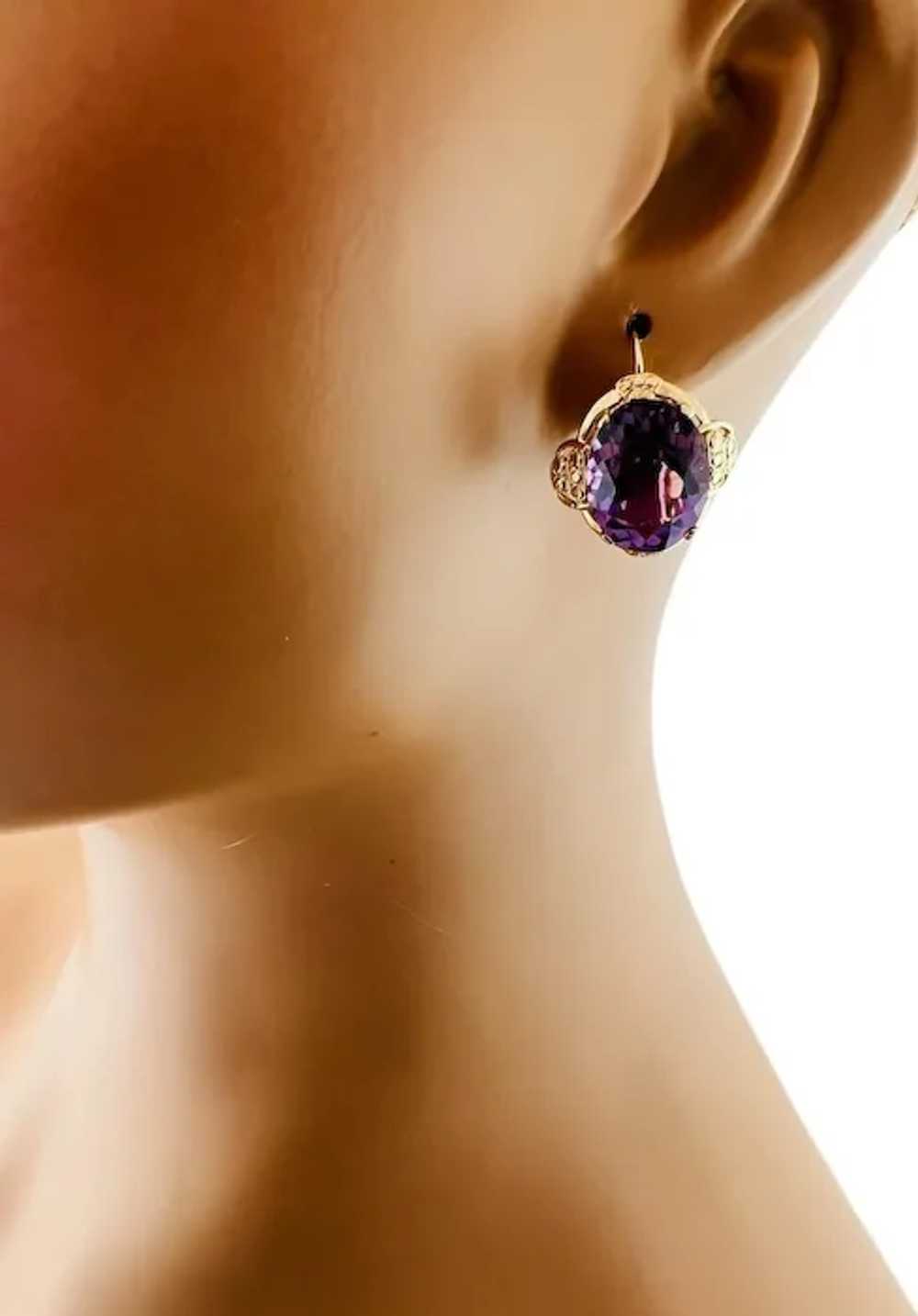 14K Yellow Gold Oval Amethyst Ornate Earrings #16… - image 7