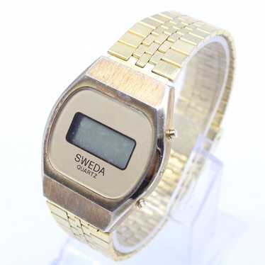 Vintage SWEDA Digital Watch Mens Gold Tone Stainl… - image 1