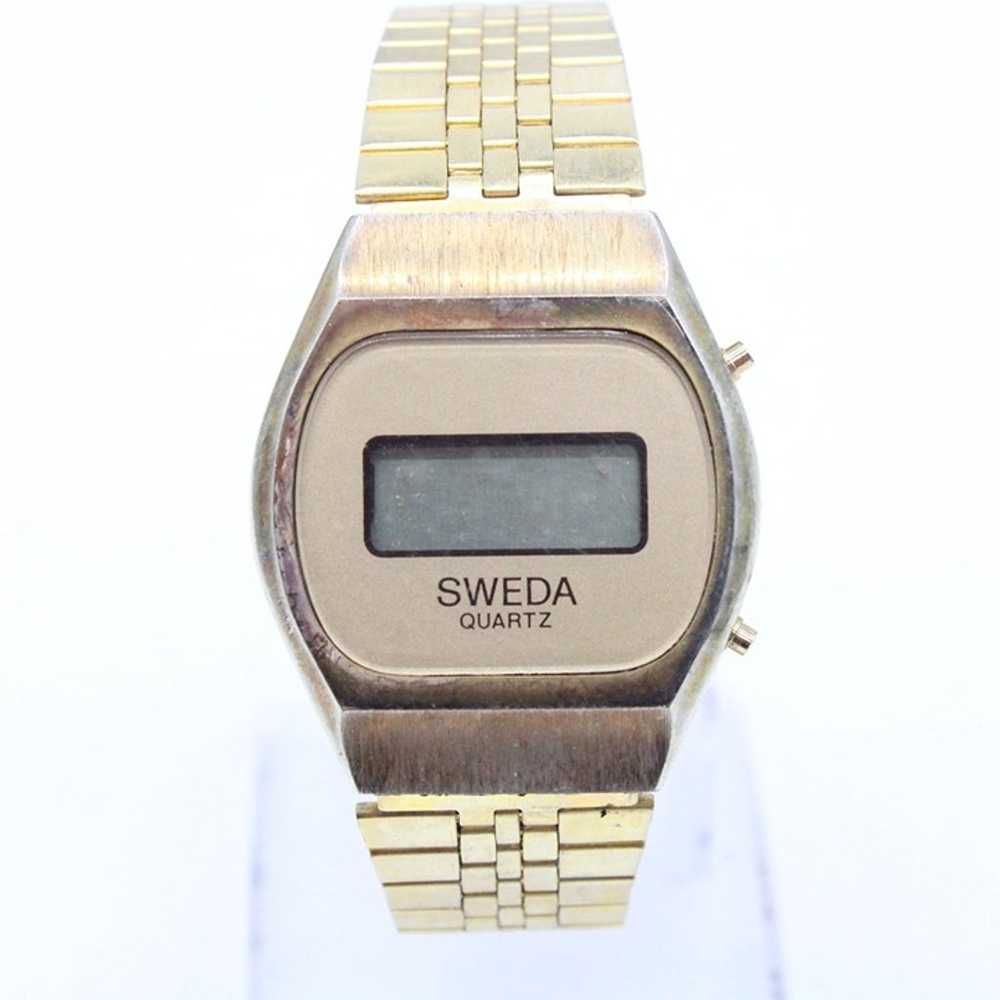 Vintage SWEDA Digital Watch Mens Gold Tone Stainl… - image 2