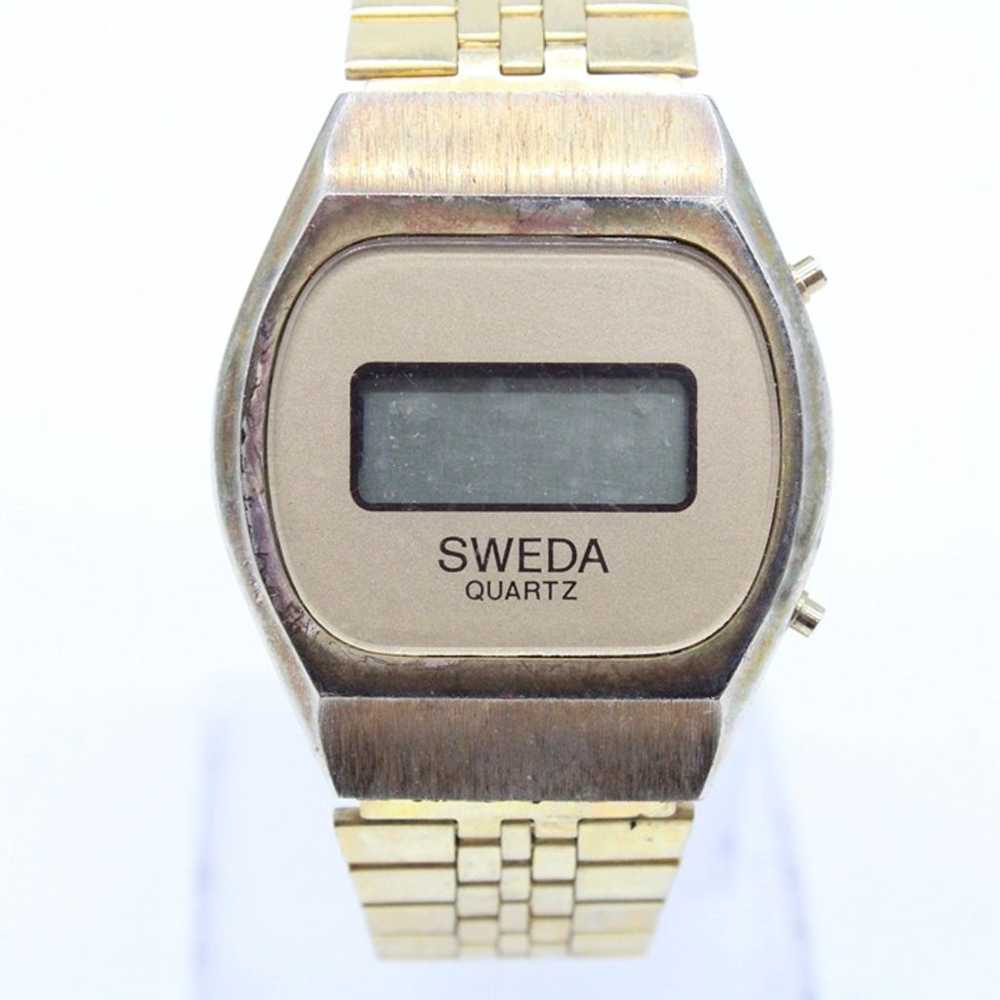 Vintage SWEDA Digital Watch Mens Gold Tone Stainl… - image 3