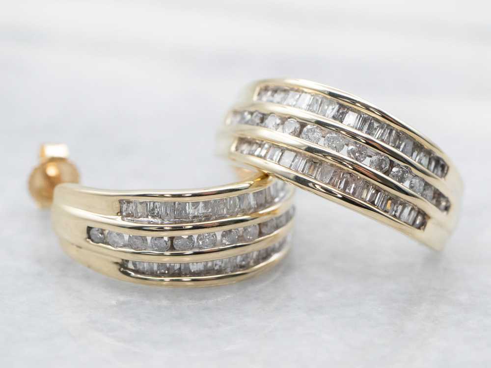 Sparkling Round and Baguette Cut Diamond Hoop Ear… - image 1