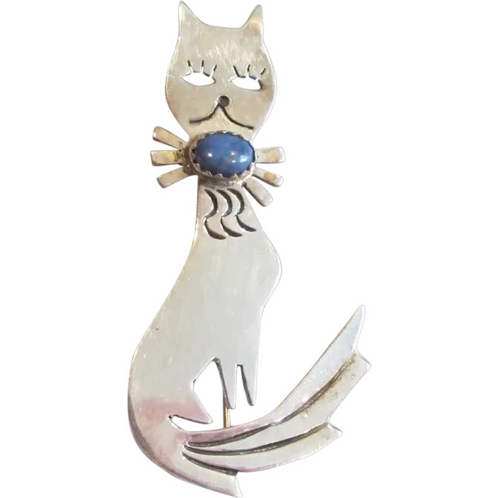 Sterling Silver Cat Pin w/ Sm. Oval Turquoise - S… - image 1