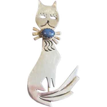 Sterling Silver Cat Pin w/ Sm. Oval Turquoise - S… - image 1