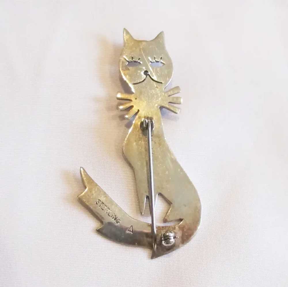 Sterling Silver Cat Pin w/ Sm. Oval Turquoise - S… - image 2