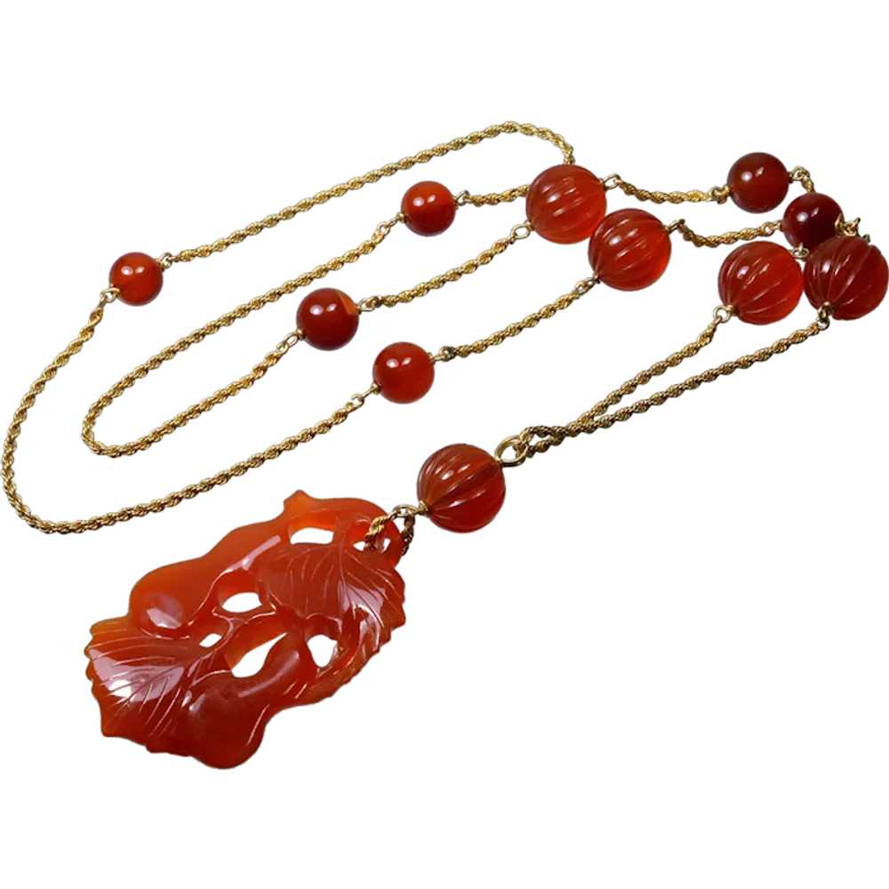 Antique Art Deco 14K Gold Carved Carnelian Pendan… - image 1