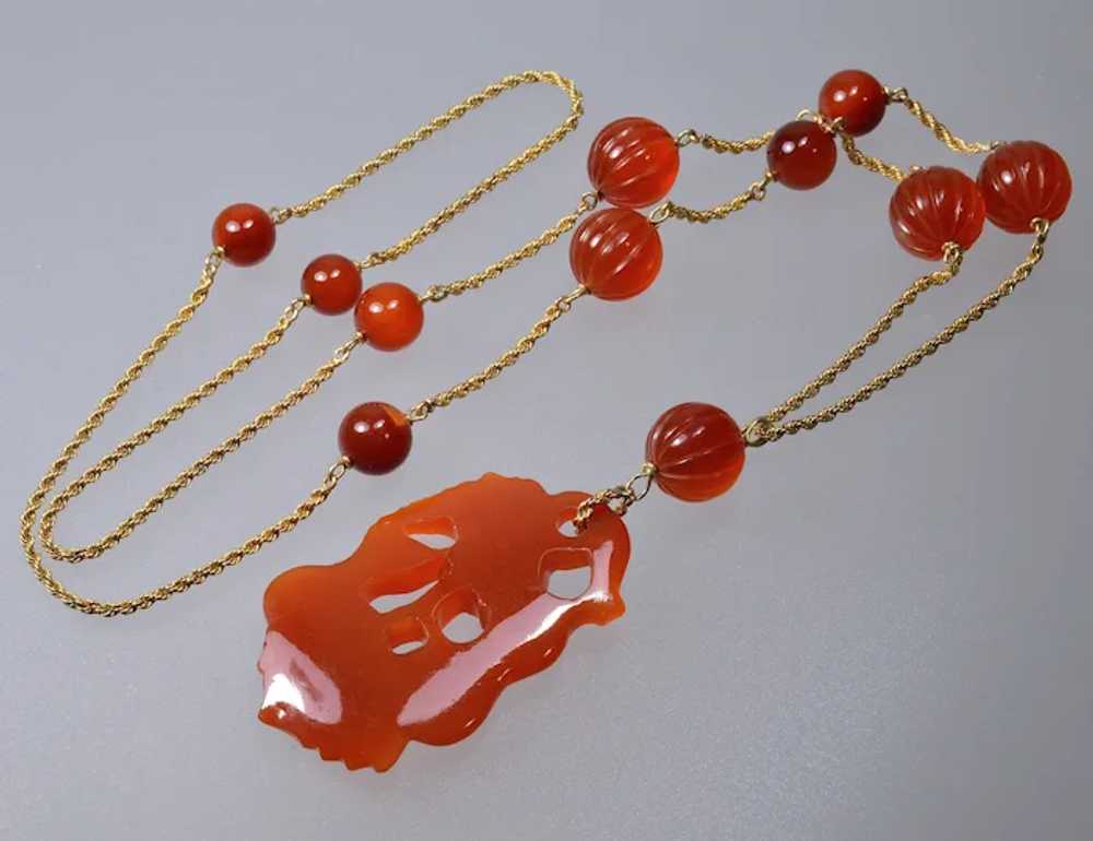 Antique Art Deco 14K Gold Carved Carnelian Pendan… - image 4