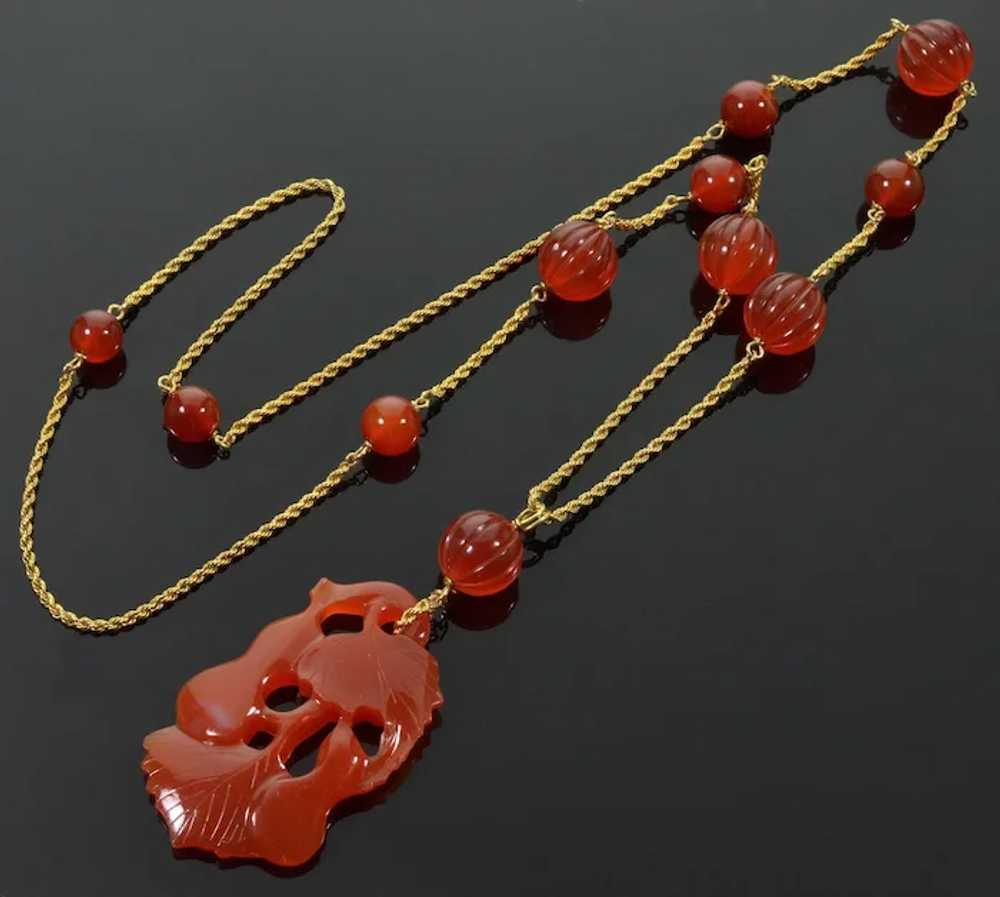 Antique Art Deco 14K Gold Carved Carnelian Pendan… - image 5