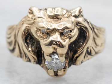 Yellow Gold Lion Ring with Diamond Accents - image 1