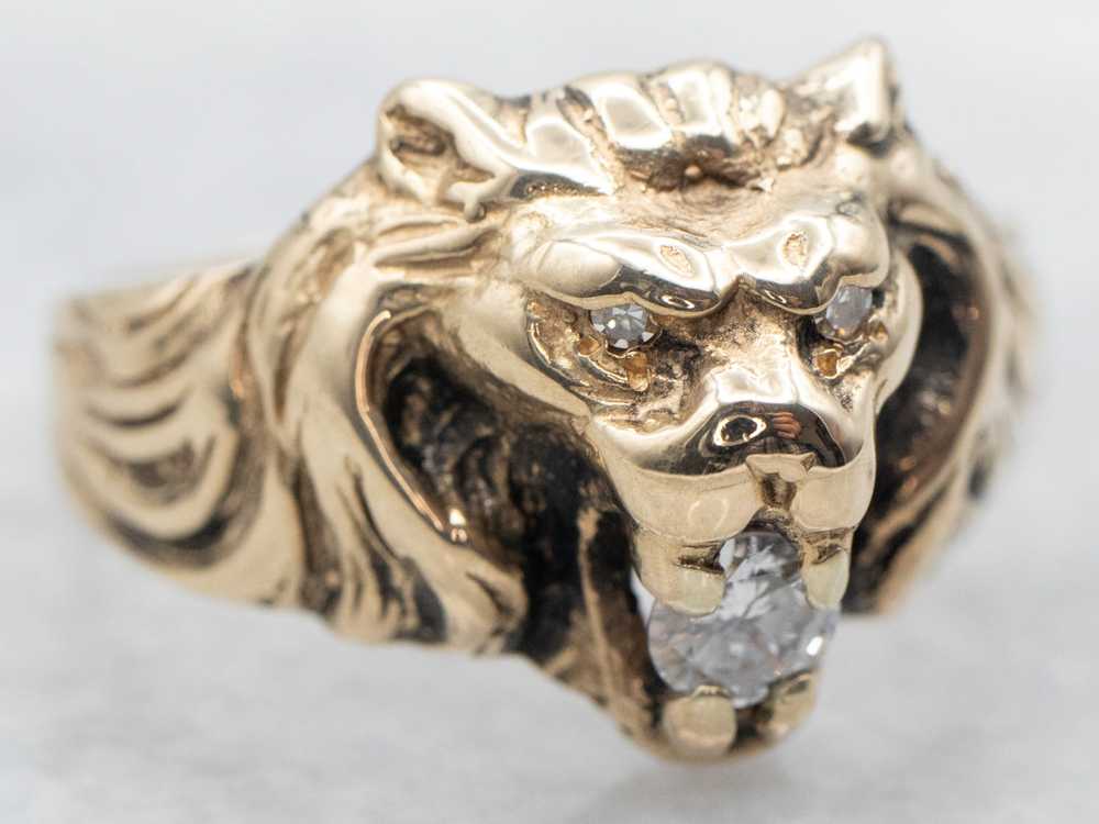 Yellow Gold Lion Ring with Diamond Accents - image 2