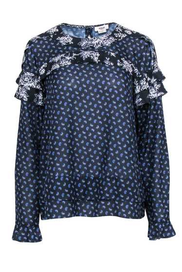 Jason Wu - Navy Paisley Print Ruffled Long Sleeve 