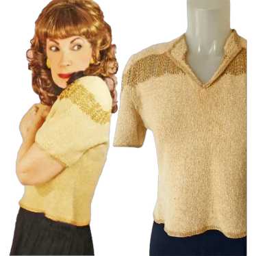 Cropped Sweater with Metallic Gold, Short Sleeve, 
