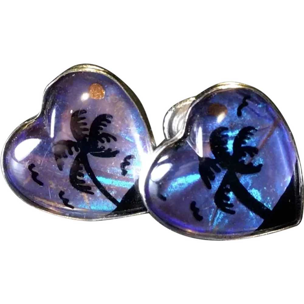 Vintage Butterfly Wing Heart Earrings with Tropic… - image 1