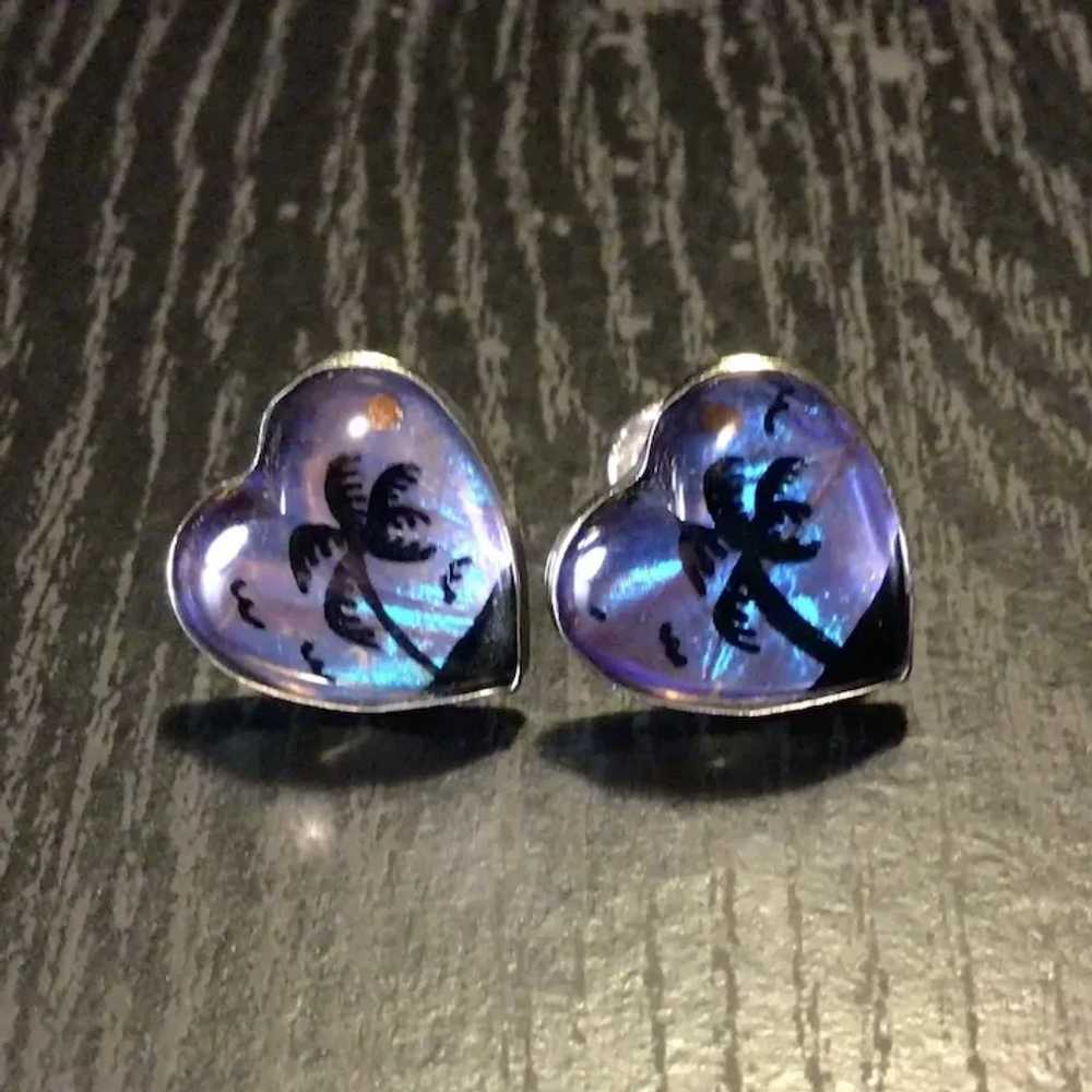 Vintage Butterfly Wing Heart Earrings with Tropic… - image 2